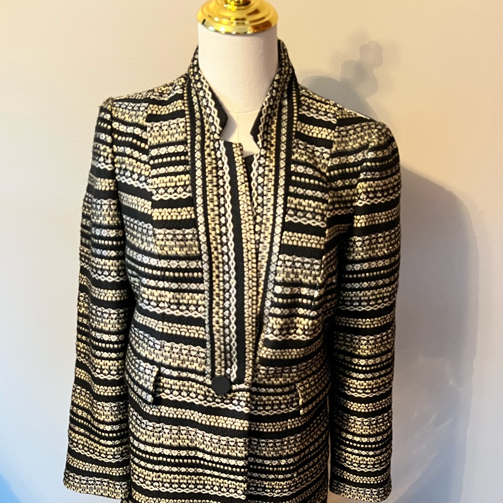 Chicos Gold Black Striped Tweed Lined Jacket Waistcoat Brocade Size 00 New